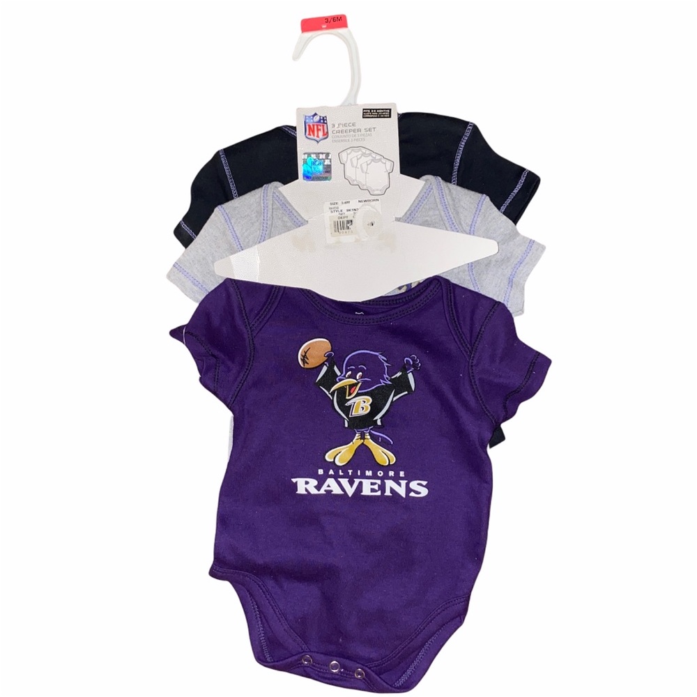 NFL Team Apparel Baltimore Ravens Baby One Piece Bodysuit 3 Pack 3-6 mos
